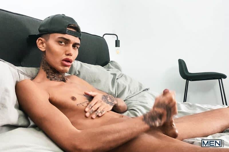 Young tattooed hottie Logan strips black jockstrap jerking big erect dick explodes cum chest abs 022 gay porn pics - Young tattooed hottie Logan strips out of his black jockstrap jerking his big erect dick till he explodes cum all over his chest and abs